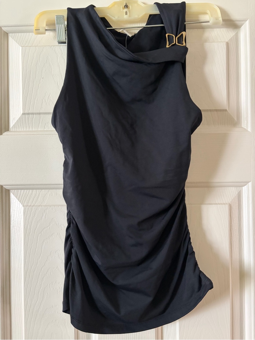 Maeve Black Ruched Top with Gold Buckle